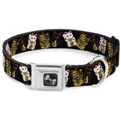 Dog Bone Black/Silver Seatbelt Buckle Collar - Maneki Neko Lucky Cats Gold/Black/White