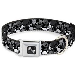 Dog Bone Black/Silver Seatbelt Buckle Collar - Multi Top Skulls Stacked Blak/Gray/White