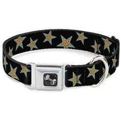 Dog Bone Black/Silver Seatbelt Buckle Collar - Multi Stars Black/Leopard/Baby Blue Outline