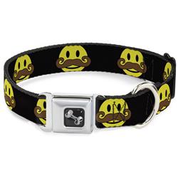 Dog Bone Black/Silver Seatbelt Buckle Collar - Mustache Happy Face Black/Yellow/Brown