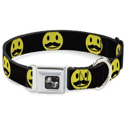 Dog Bone Black/Silver Seatbelt Buckle Collar - Mustache Happy Face2 Black/Yellow/Black