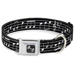 Dog Bone Black/Silver Seatbelt Buckle Collar - Music Notes Black/White