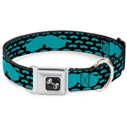 Dog Bone Black/Silver Seatbelt Buckle Collar - Mustaches Mini/Single Repeat Black/Turquoise