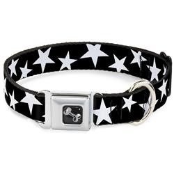 Dog Bone Black/Silver Seatbelt Buckle Collar - Multi Stars Black/White/Black/White Outline