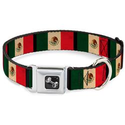 Dog Bone Black/Silver Seatbelt Buckle Collar - Mexico Flag Distressed
