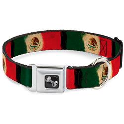 Dog Bone Black/Silver Seatbelt Buckle Collar - Mexico Flag Distressed Painting