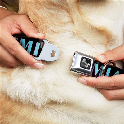 Dog Bone Black/Silver Seatbelt Buckle Collar - MIAMI/Palm Trees Black/White/Pink//Teal