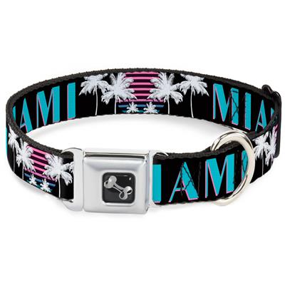 Dog Bone Black/Silver Seatbelt Buckle Collar - MIAMI/Palm Trees Black/White/Pink//Teal