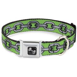 Dog Bone Black/Silver Seatbelt Buckle Collar - Metal Chain Green/Gray