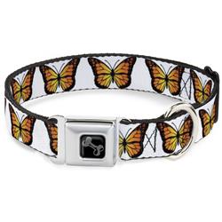 Dog Bone Black/Silver Seatbelt Buckle Collar - Monarch Butterfly Repeat White