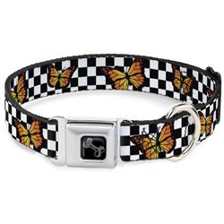 Dog Bone Black/Silver Seatbelt Buckle Collar - Monarch Butterfly Scattered Checker Black/White