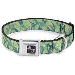 Dog Bone Black/Silver Seatbelt Buckle Collar - Palm Leaves Stacked Pastel Greens