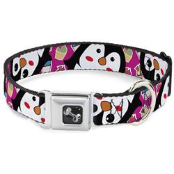 Dog Bone Black/Silver Seatbelt Buckle Collar - Penguins w/Cupcakes Fuchsia/Multi Color