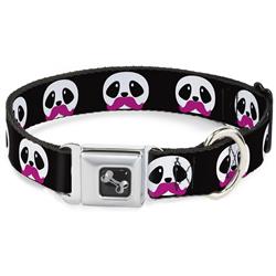 Dog Bone Black/Silver Seatbelt Buckle Collar - Panda Face w/Pink Mustache
