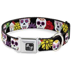 Dog Bone Black/Silver Seatbelt Buckle Collar - Sugar Skulls & Flowers Black/Multi Color