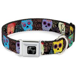 Dog Bone Black/Silver Seatbelt Buckle Collar - Painted Sugar Skulls & Flowers Collage