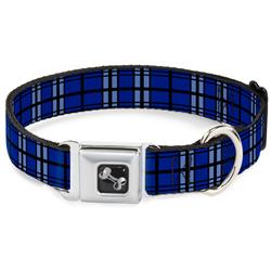 Dog Bone Black/Silver Seatbelt Buckle Collar - Plaid Blue/Gray/Black