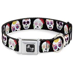 Dog Bone Black/Silver Seatbelt Buckle Collar - Staggered Sugar Skulls Black/Multi Color