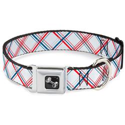 Dog Bone Black/Silver Seatbelt Buckle Collar - Plaid X White/Red/Turquoise/Gray