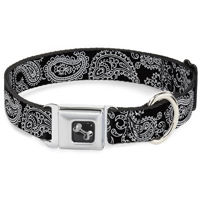 Dog Bone Black/Silver Seatbelt Buckle Collar - Paisley2 Black/White