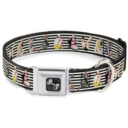 Dog Bone Black/Silver Seatbelt Buckle Collar - Pin Up Girl Poses Stripe Black/White