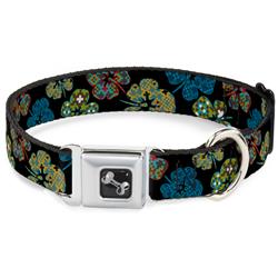 Dog Bone Black/Silver Seatbelt Buckle Collar - Pixilated Hibiscus Flowers Black/Multi Color