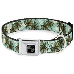 Dog Bone Black/Silver Seatbelt Buckle Collar - Palm Trees Swaying Tan/Teal