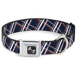 Dog Bone Black/Silver Seatbelt Buckle Collar - Plaid X2 Navy/White/Orange