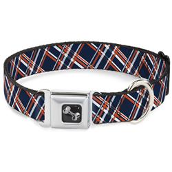 Dog Bone Black/Silver Seatbelt Buckle Collar - Plaid X3 Navy/Orange/White