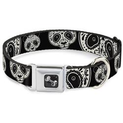 Dog Bone Black/Silver Seatbelt Buckle Collar - Panda Bear Sugar Skull CLOSE-UP Scattered Black/Cream