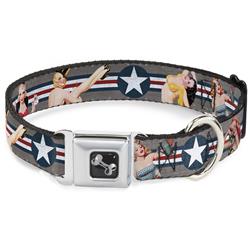 Dog Bone Black/Silver Seatbelt Buckle Collar - Pin Up Girl Poses Star & Stripes Gray/Blue/White/Red
