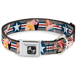Dog Bone Black/Silver Seatbelt Buckle Collar - Pin Up Girl Poses CLOSE-UP Star & Stripes Gray/Blue/White/Red