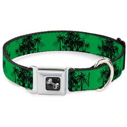 Dog Bone Black/Silver Seatbelt Buckle Collar - Palm Trees Greens/Black