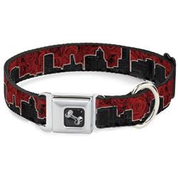 Dog Bone Black/Silver Seatbelt Buckle Collar - Portland Vivid Skyline Red Roses/Black