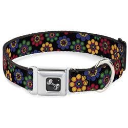 Dog Bone Black/Silver Seatbelt Buckle Collar - Psychedelic Daisies Black/Multi Color