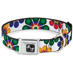 Dog Bone Black/Silver Seatbelt Buckle Collar - Psychedelic Daisies CLOSE-UP White/Multi Color