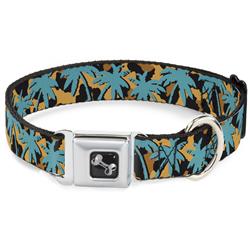 Dog Bone Black/Silver Seatbelt Buckle Collar - Palm Tree Silhouette Leopard Brown/Turquoise