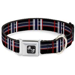 Dog Bone Black/Silver Seatbelt Buckle Collar - Plaid Black/Red/White/Blue