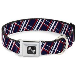 Dog Bone Black/Silver Seatbelt Buckle Collar - Plaid X Blue/White/Red
