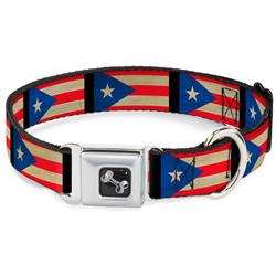Dog Bone Black/Silver Seatbelt Buckle Collar - Puerto Rico Flag Weathered