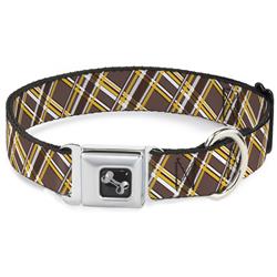 Dog Bone Black/Silver Seatbelt Buckle Collar - Plaid X Brown/White/Gold