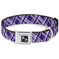 Dog Bone Black/Silver Seatbelt Buckle Collar - Plaid X3 Purple/Gray/White