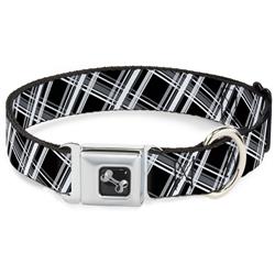 Dog Bone Black/Silver Seatbelt Buckle Collar - Plaid X2 Black/Grays/White