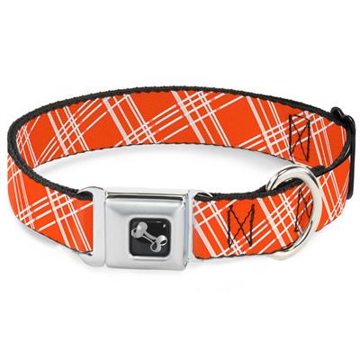 Dog Bone Black/Silver Seatbelt Buckle Collar - Plaid X4 Oranges/White