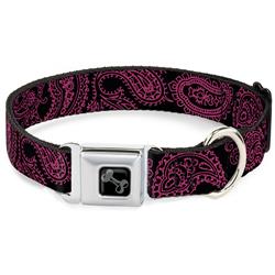 Dog Bone Black/Silver Seatbelt Buckle Collar - Paisley Black/Neon Pink