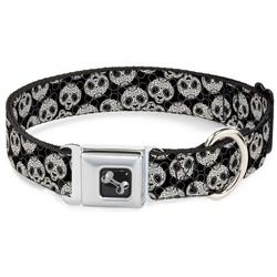 Dog Bone Black/Silver Seatbelt Buckle Collar - Panda Bear Sugar Skull Scattered Black/Cream