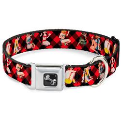 Dog Bone Black/Silver Seatbelt Buckle Collar - Pin Up Girl Poses Buffalo Plaid Blocks Black/Red