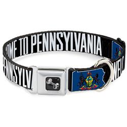 Dog Bone Black/Silver Seatbelt Buckle Collar - Pennsylvania Flag Silhouette WELCOME TO PENNSYLVANIA