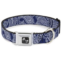 Dog Bone Black/Silver Seatbelt Buckle Collar - Paisley Blue/White