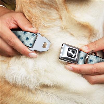 Dog Bone Black/Silver Seatbelt Buckle Collar - Palm Trees & Waves Monogram Blues/White
